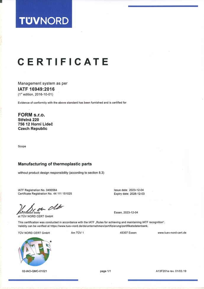 Certifikát na výrobu a prodej produktů z kompozitních materiálů a termoplastů.
